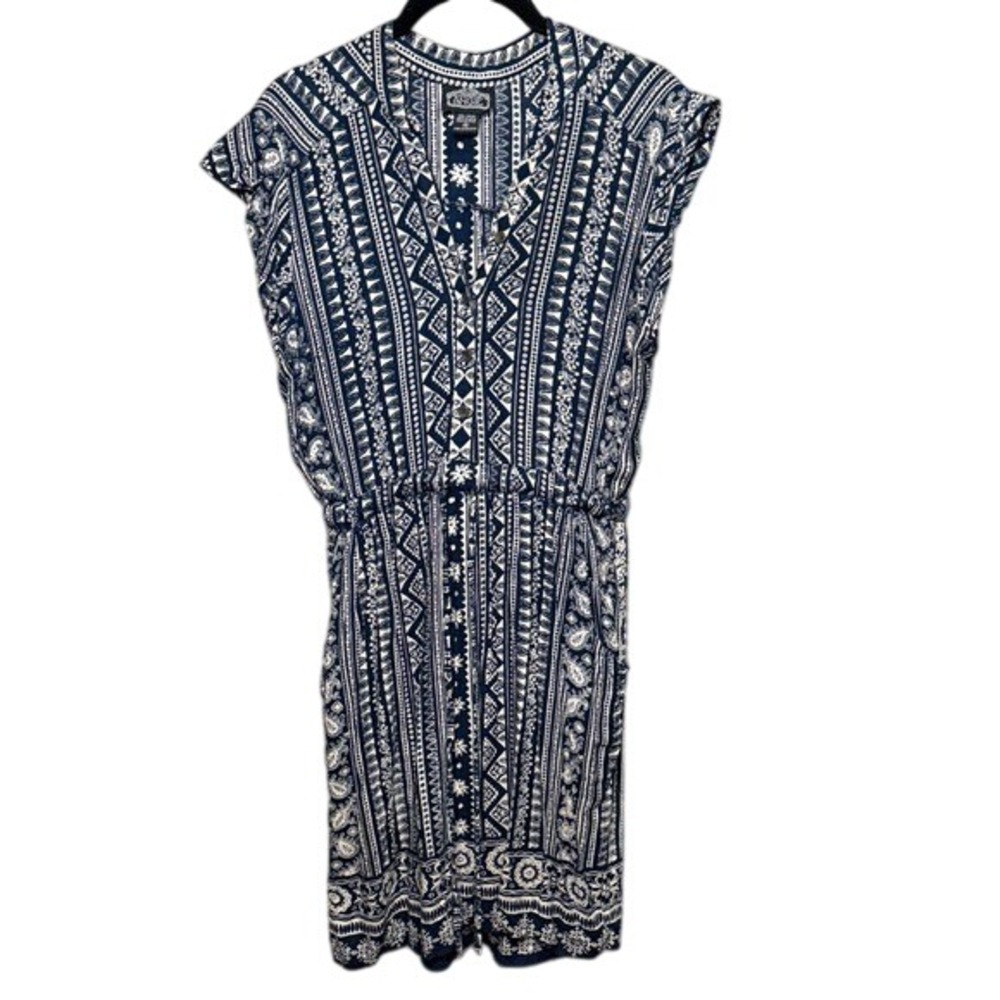 Angie Women's Medium Dress Blue‎ White Geometric Print Short Sleeve